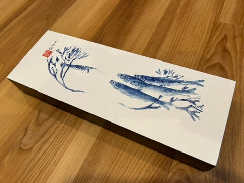 Choir Practice: Gyotaku print of a small shrimp and herrings