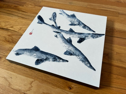 School of Spiny Dogfish: Contemporary Fine Art Gyotaku Print -- Reproduction on panel
