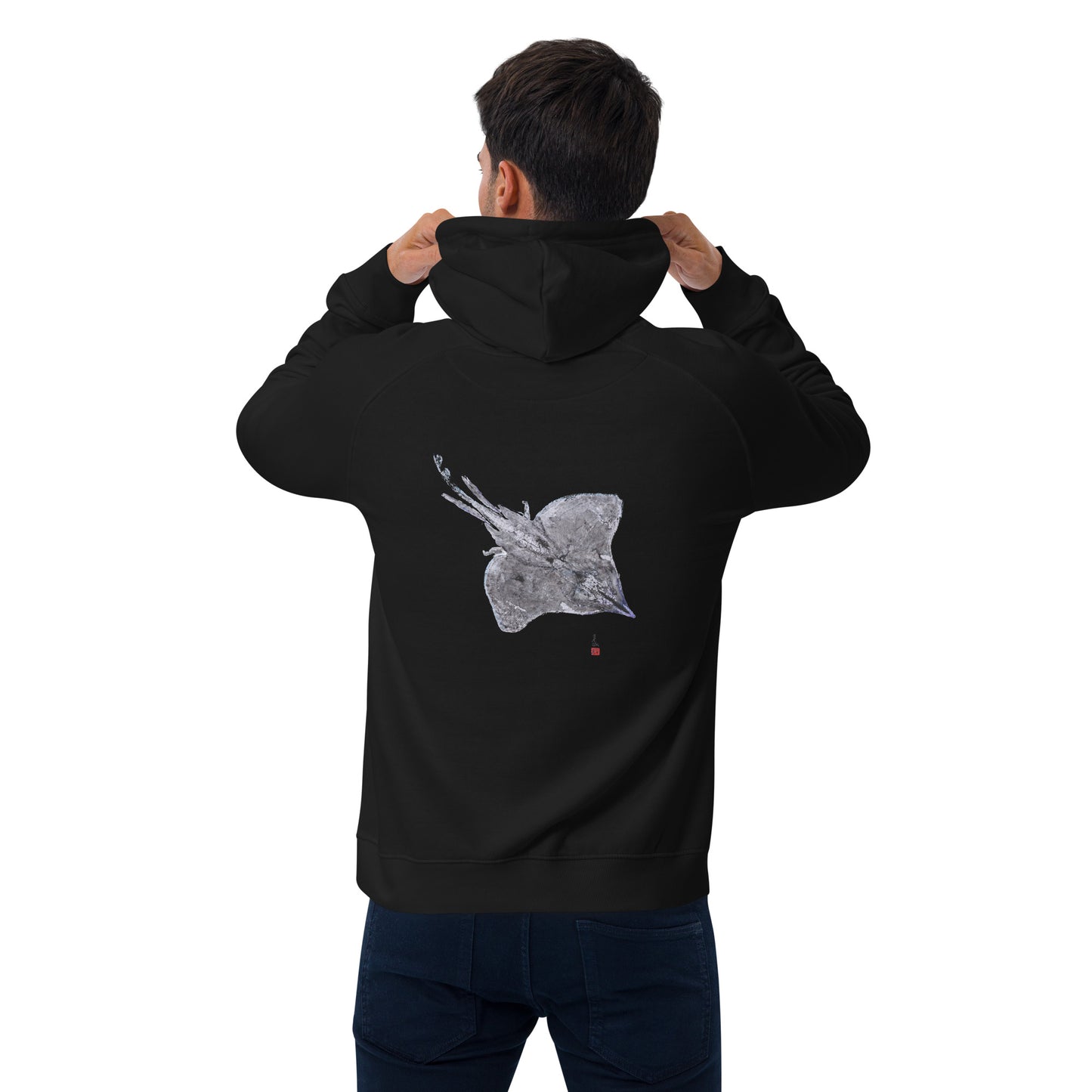 Unisex eco raglan hoodie - Longnose Skate Gyotaku
