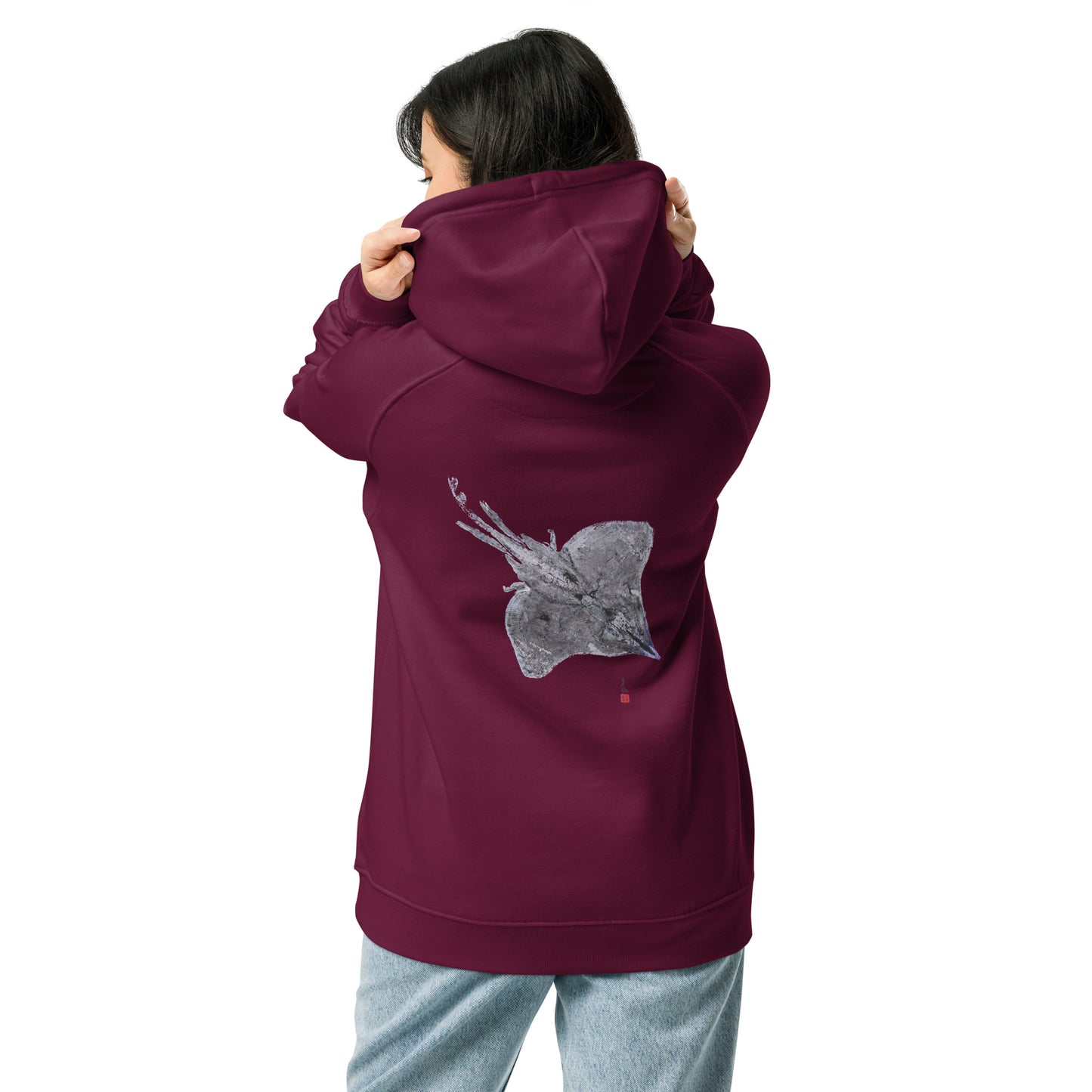 Unisex eco raglan hoodie - Longnose Skate Gyotaku