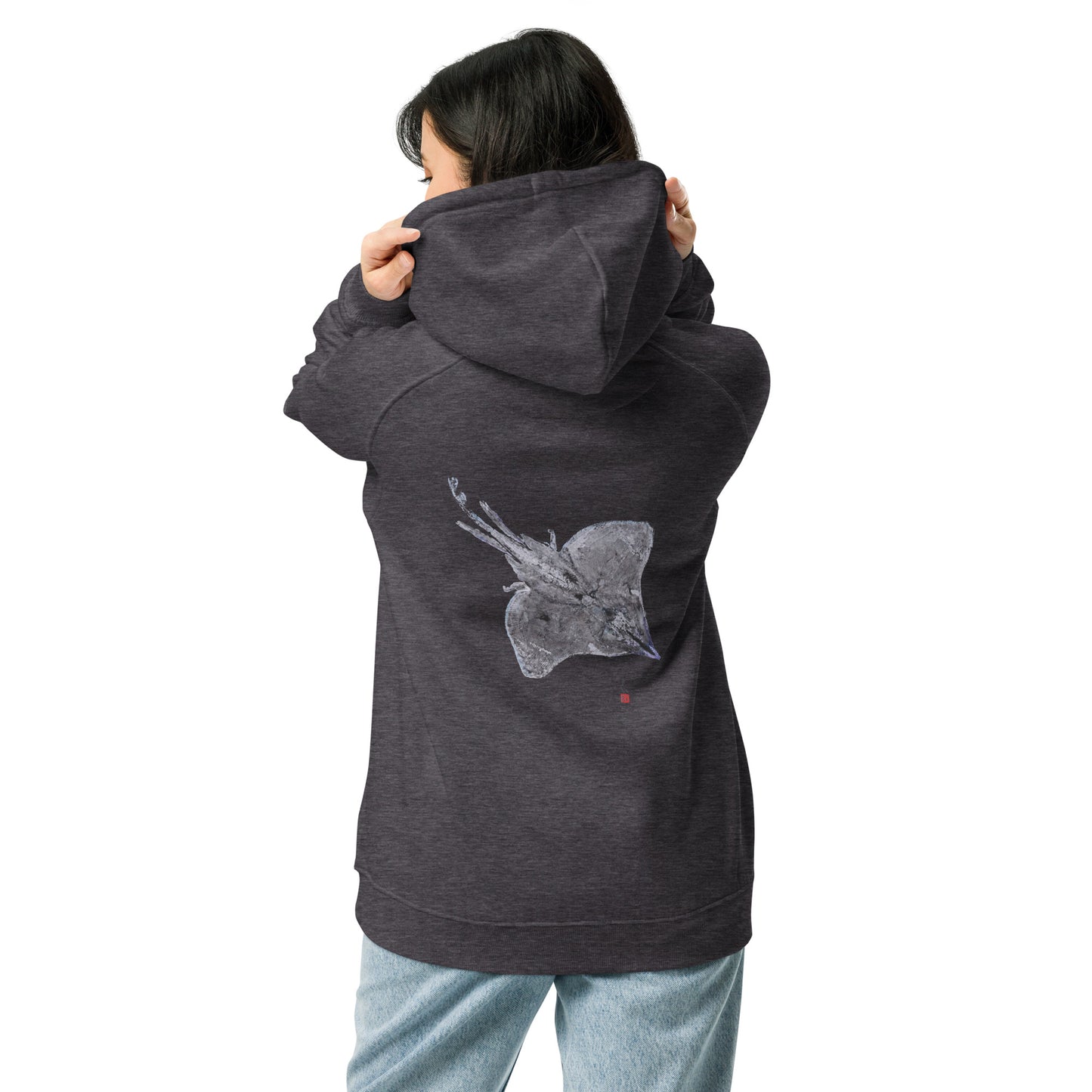 Unisex eco raglan hoodie - Longnose Skate Gyotaku