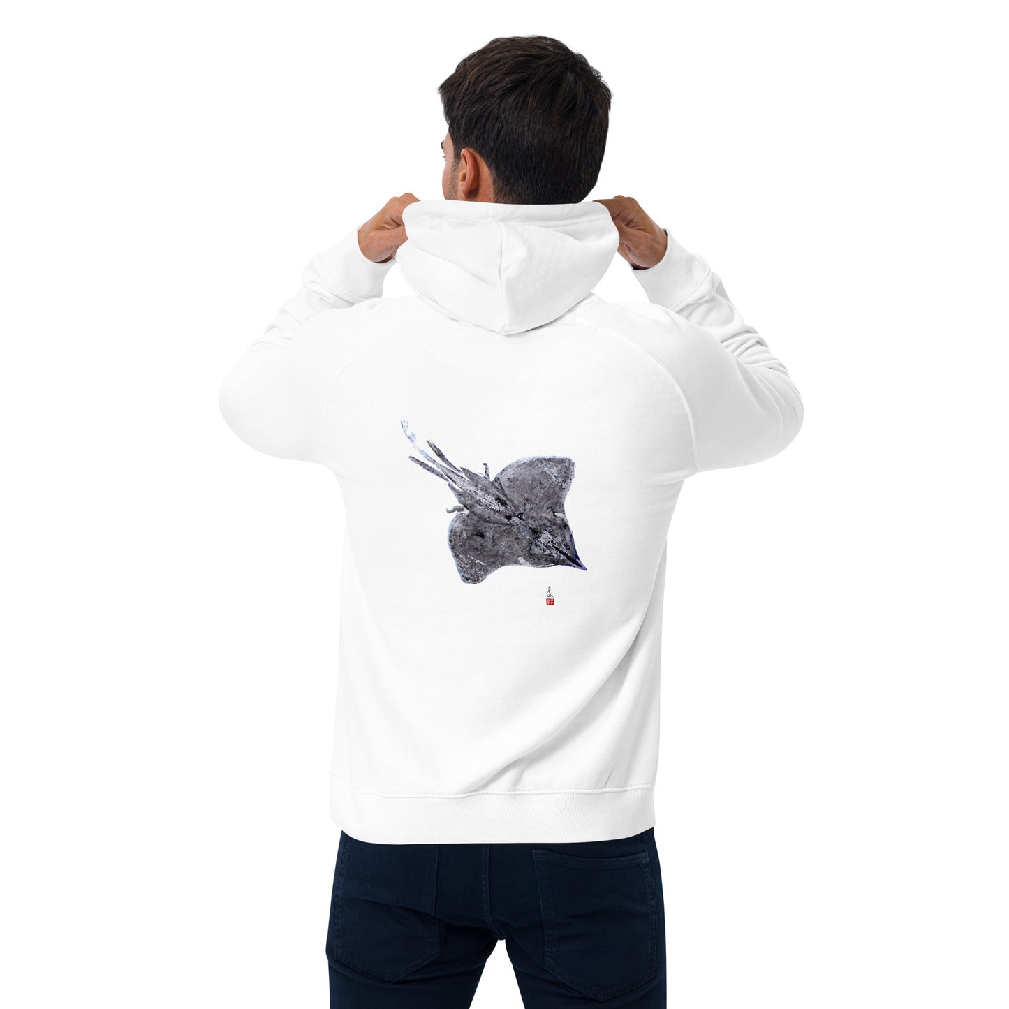 Unisex eco raglan hoodie - Longnose Skate Gyotaku