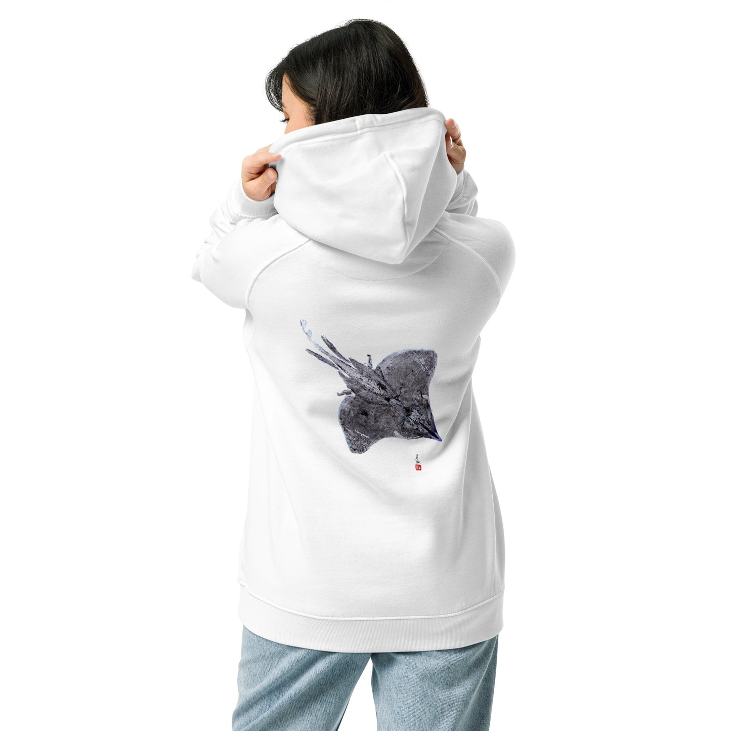 Unisex eco raglan hoodie - Longnose Skate Gyotaku