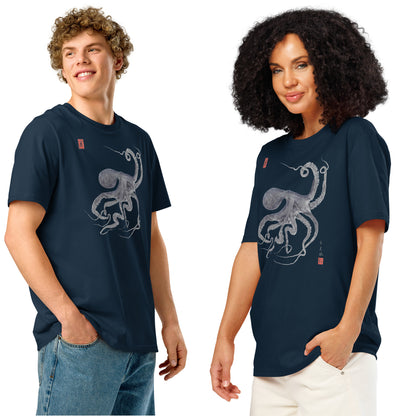 Unisex organic ribbed neck t-shirt: Octopus Conductor Gyotaku