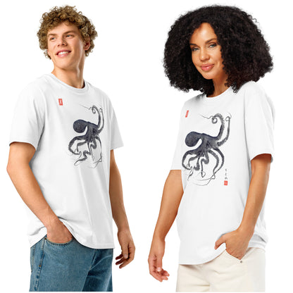 Unisex organic ribbed neck t-shirt: Octopus Conductor Gyotaku